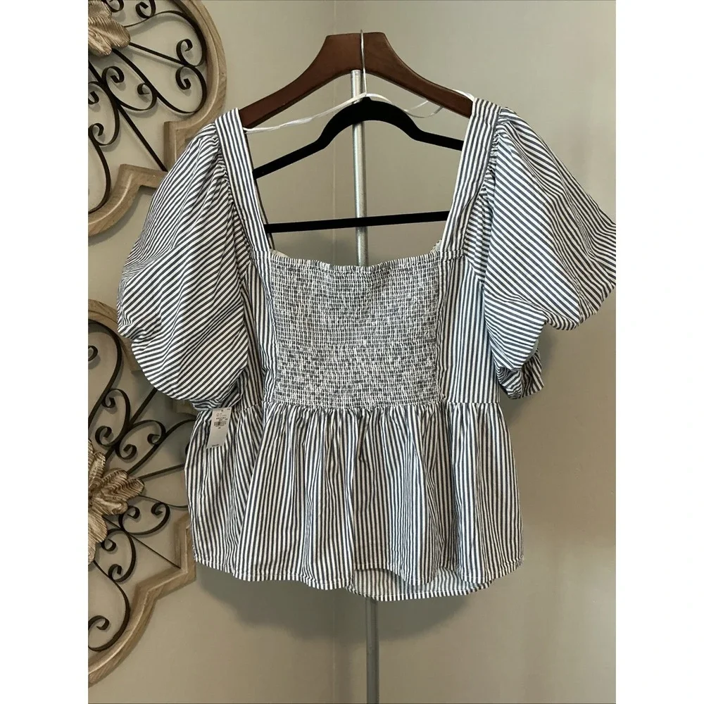 Old Navy Shirt Womens 3XL Blue NEW Smocked Babydoll‎ Beach Coastal Nautical